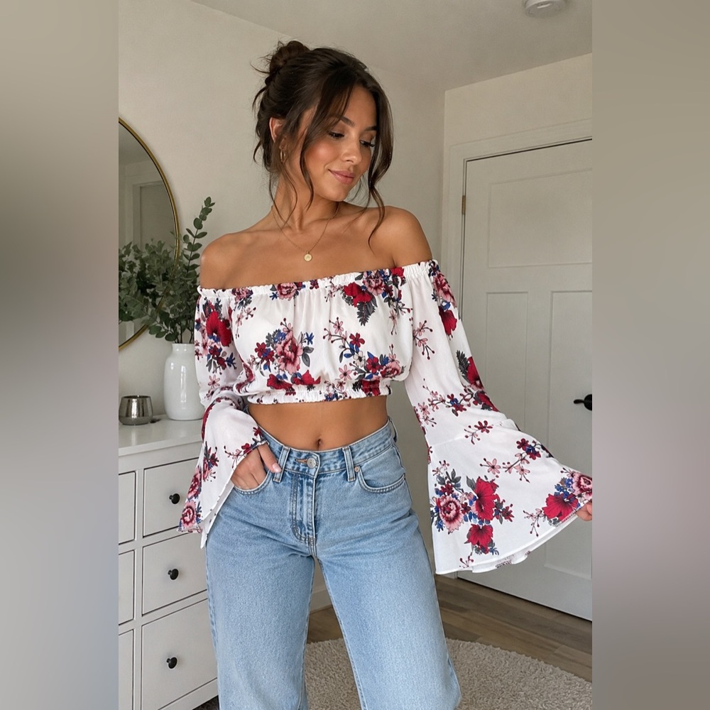 Floral Off Shoulder Bell Sleeve Crop Top